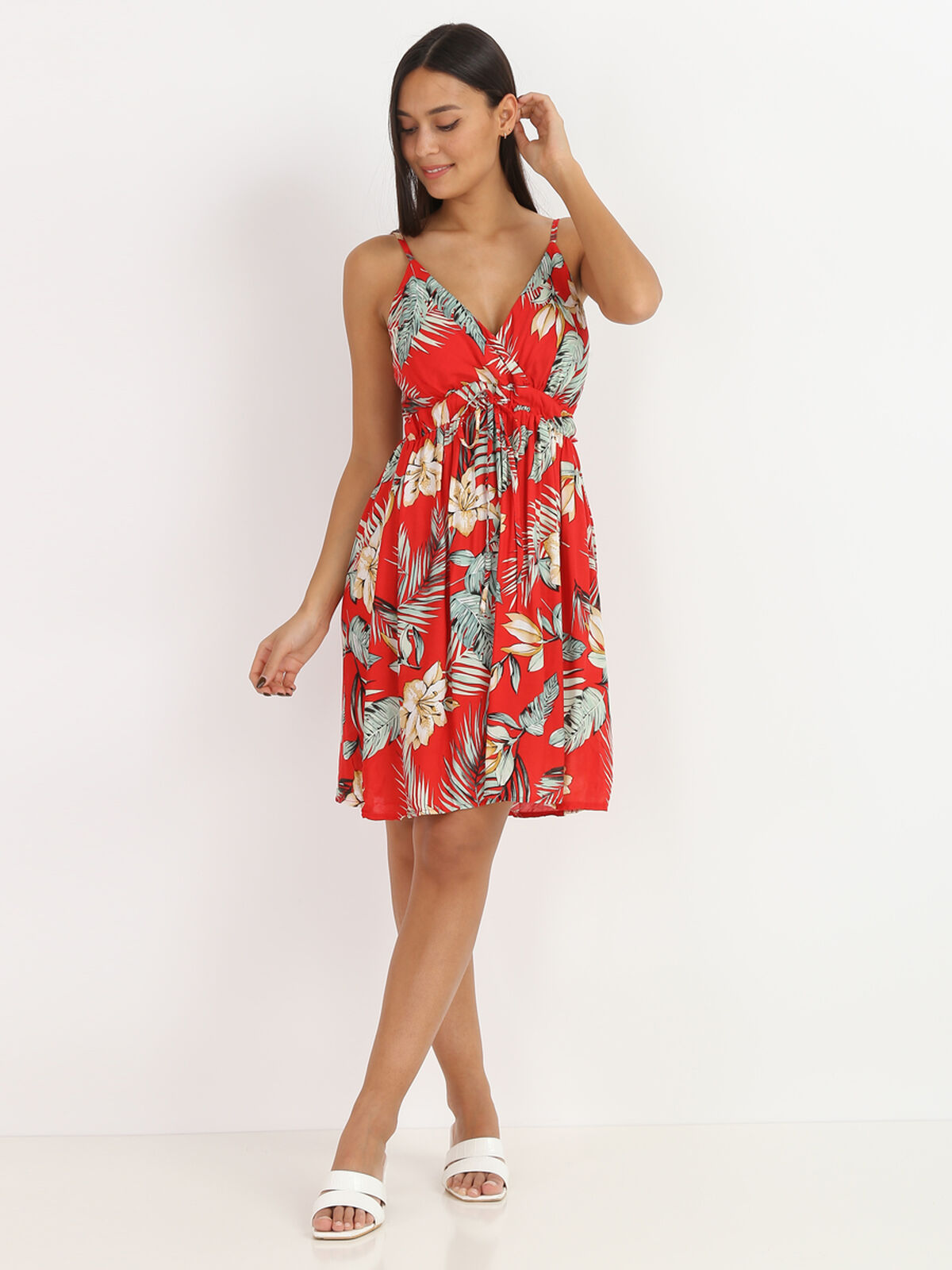Robe cache cœur à fleurs exotiques- Rouge