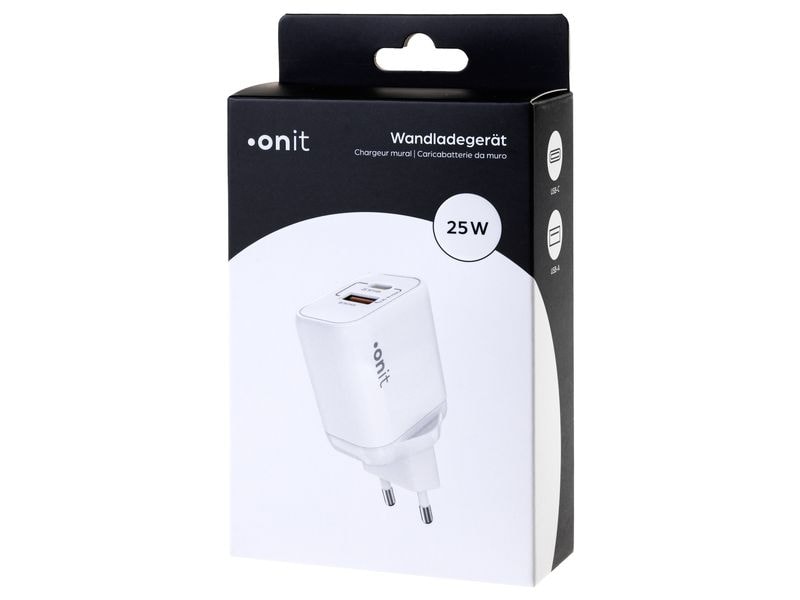 onit USB-Wandladegerät Dual 1C1A 25 W GaN Weiss Ladeadapter mit einem USB-C- und einem USB-A-Port