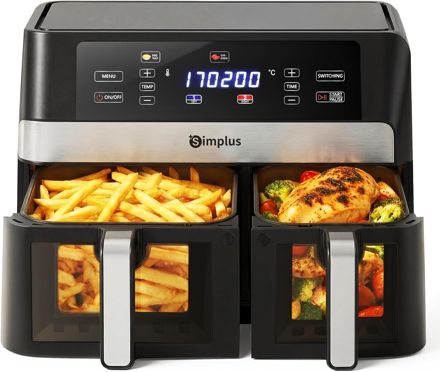 SIMPLUS Heißluftfritteuse 10L Doppelkorb mit Sichtfenster, 2 Kammern mit unabhängiger Temperaturregelung, 11 Programme, LCD Touchscreen, 1800W Airfryer, Timer & Vorheizen, Antihaftbeschichtet