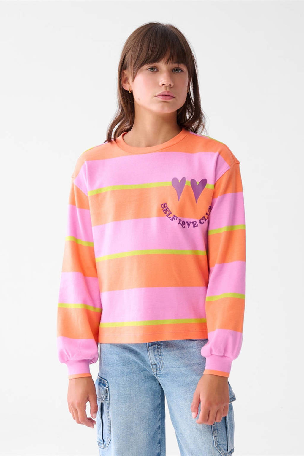 Shoeby gestreepte sweater roze/oranje/limegroen