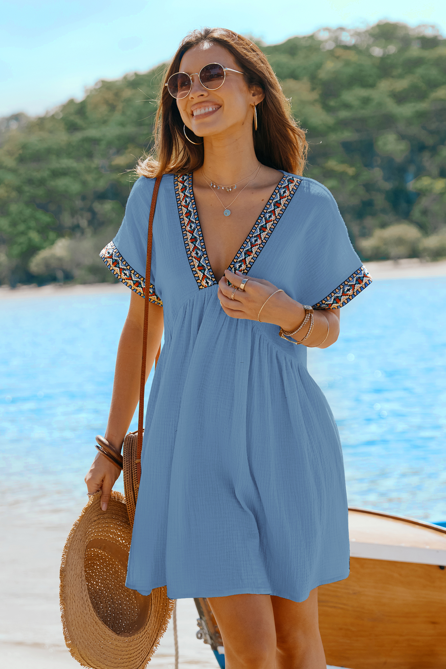 Robe mini en pur coton à col en V et manches courtes boho bleue