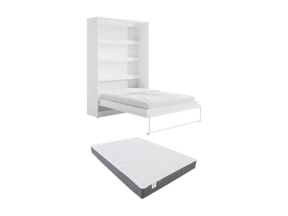 Lit escamotable 140 x 200 cm - Ouverture verticale manuelle - Avec LEDs - Blanc + Matelas - RAPILI