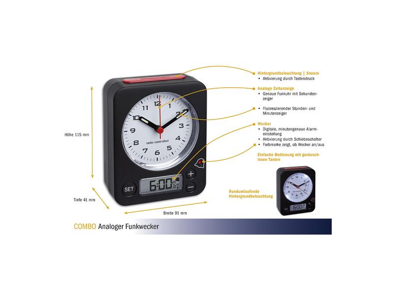 TFA Dostmann Funkwecker Combo Gelb/Schwarz Analoger Funk-Wecker mit digitaler Alarmeinstellung