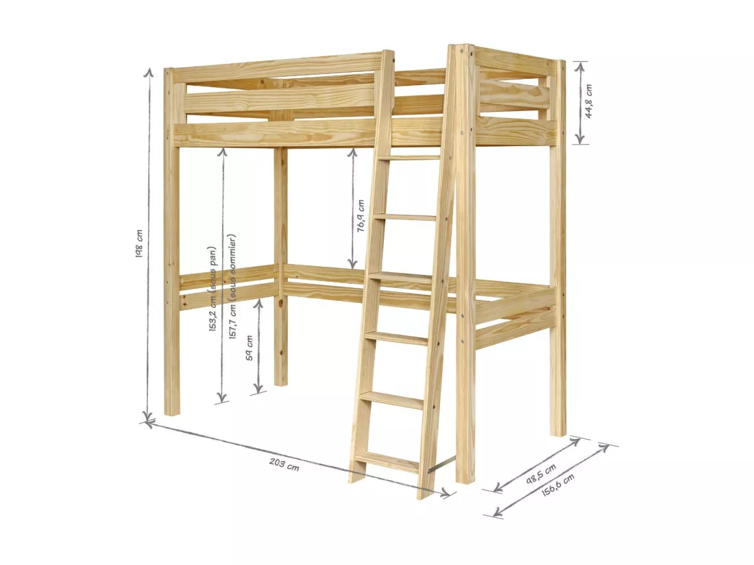 Lit mezzanine 2 places 120x190 cm bois massif blanc ORSAI