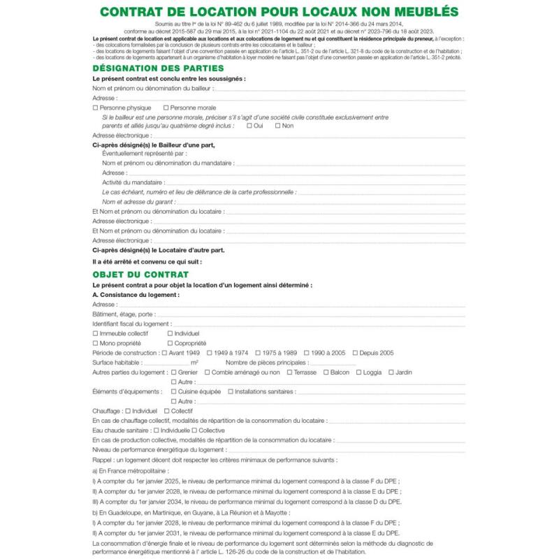 Feuilles Contrat de location pour locaux non meublés telles qu'utilisées dans les dossiers réf. 44E - Blanc