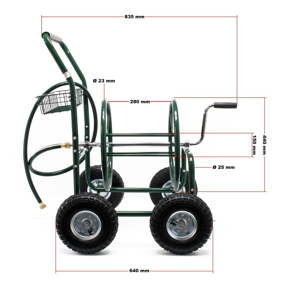 Chariot de tuyau 16mm tuyau d’arrosage 76m raccord de 19mm 4 roues dévidoir