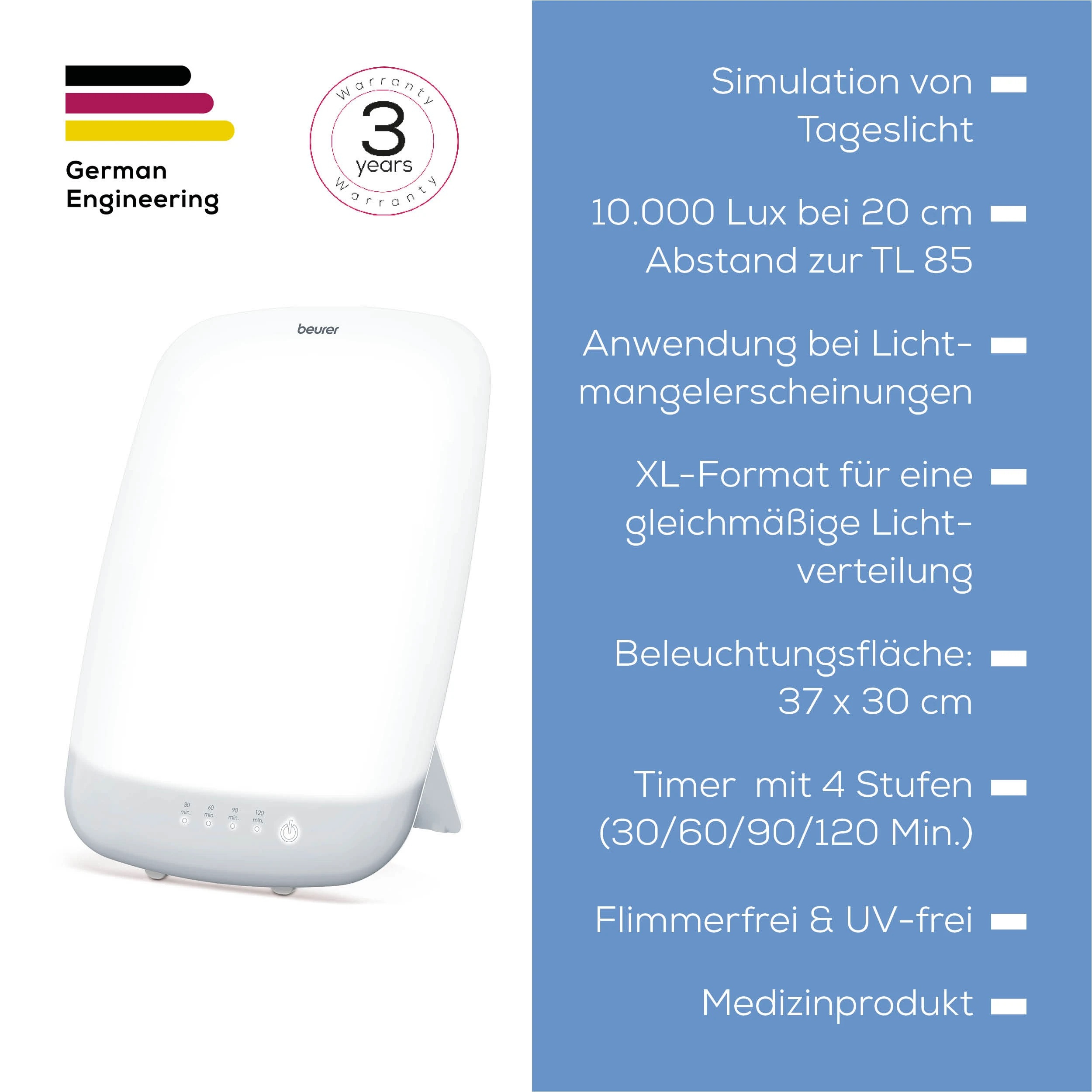 TL 85 Tageslichtlampe Lichttherapie zur Tageslicht Simulation mit 4 Lichtstufen (60842) - Weiss