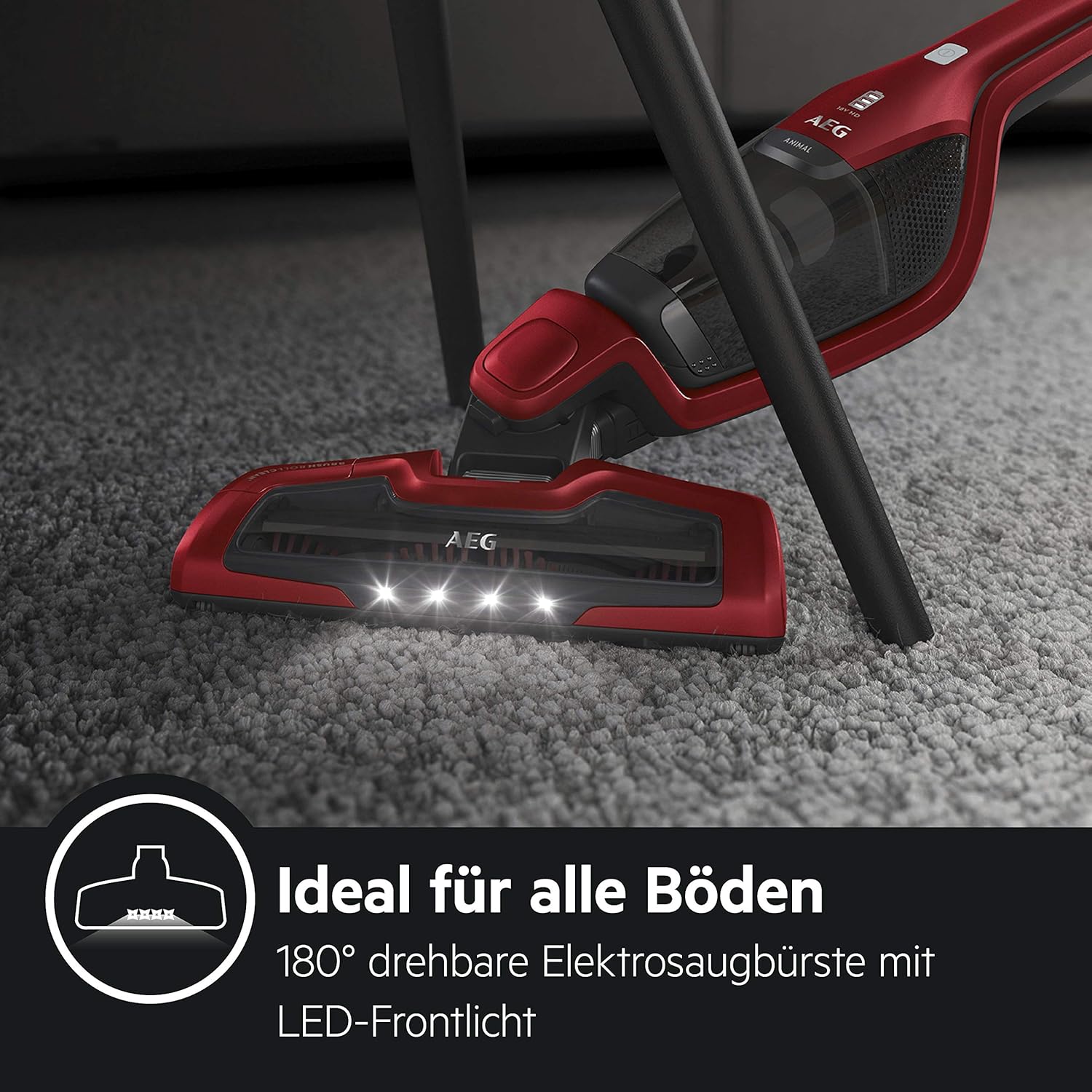 AEG Ergorapido 2in1 Akku Staubsauger, Beutellos, inkl. Tierhaardüse, ETM Testsieger, bis zu 45Min Laufzeit, Freistehend, 180° Drehgelenk, Bürstenreinigungsfunktion, LED-Frontlichter, Rot, CX7-2-45AN