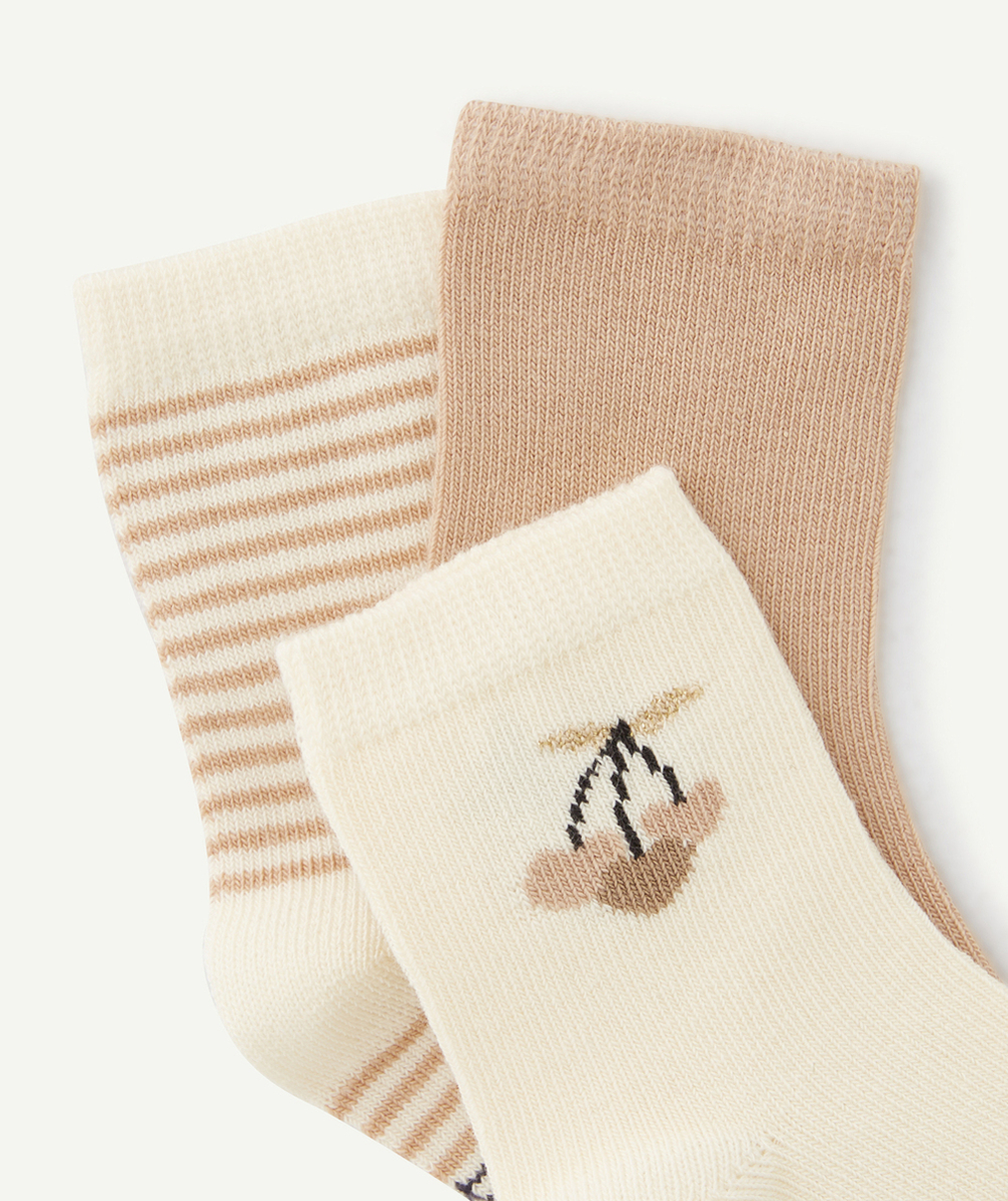 LOT DE 3 CHAUSSETTES HAUTES BÉBÉ FILLE EN COTON ÉCRU ET BEIGE