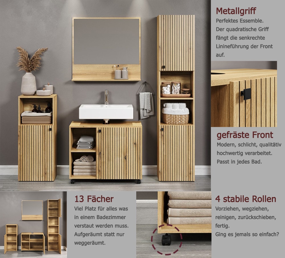 welltime Badmöbel-Set »Amrum Waschbeckenunterschrank Spiegel Hochschrank Badschrank« Komplett-Set, 4 Stk. tlg.