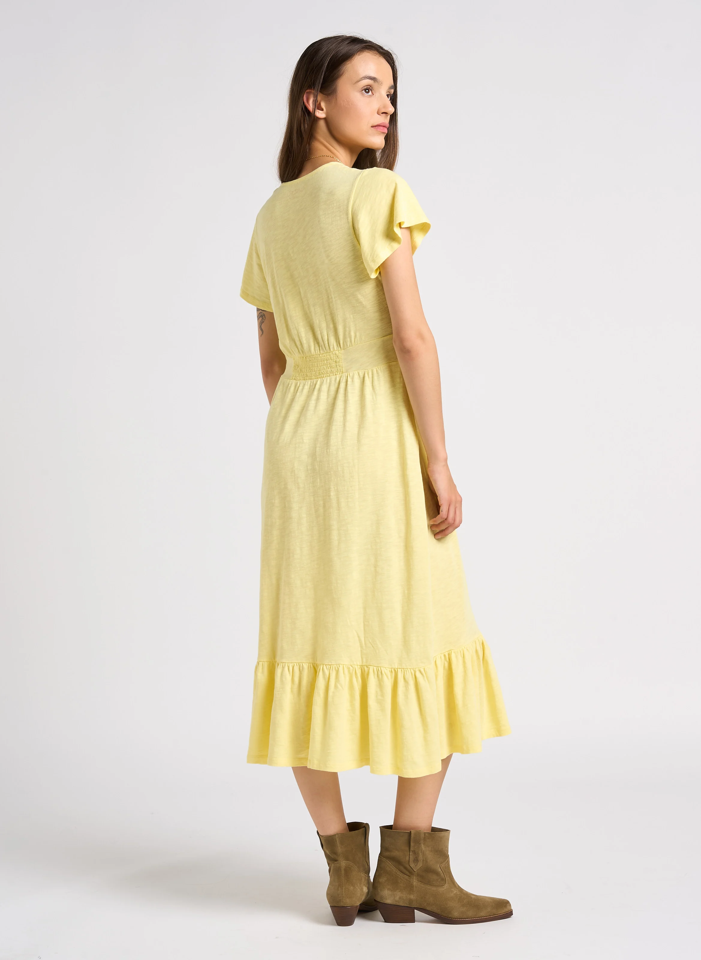VALMA - Robe midi col V en coton| Jaune