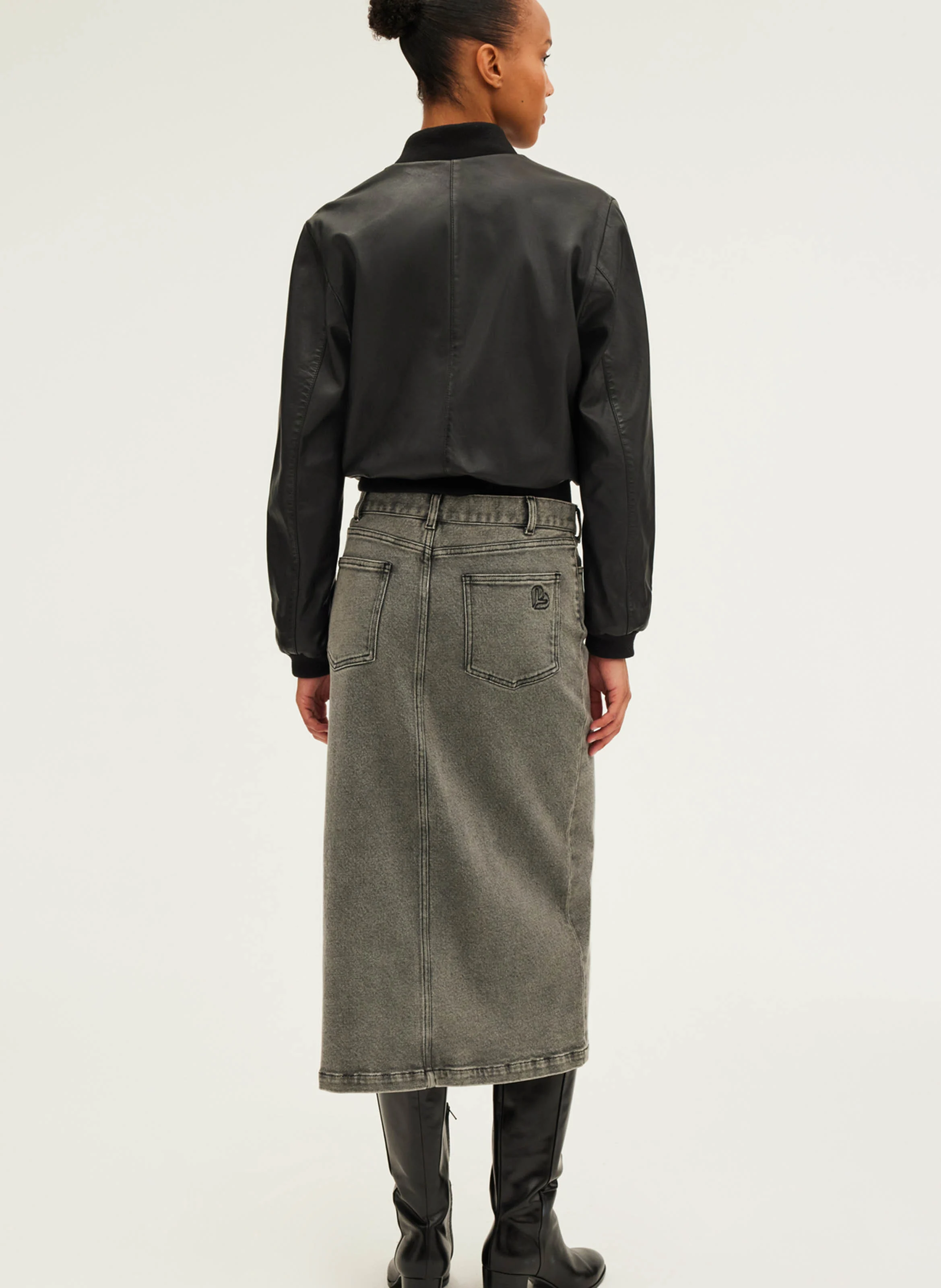 CLAUDIA - Jupe midi en denim de coton mélangé | Gris