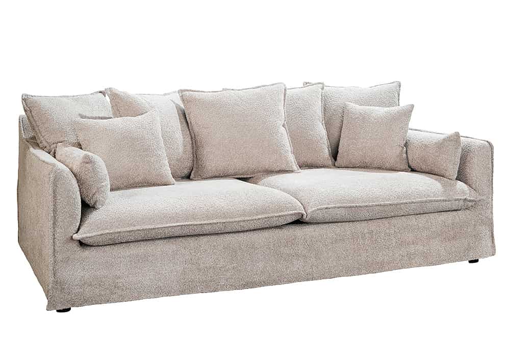 Großes 3-Sitzer Sofa HEAVEN 200cm champagner beige Bouclé Federkern Hussensofa