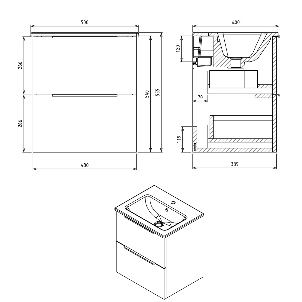 Sapho Cirasa Compact wastafel onderkast met ribbelfront 50x39x54cm eiken