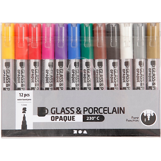 Glass- og porselenstusj, strek 1-2 mm, semi opaque, ass. farger, 12 stk./ 1 pk.