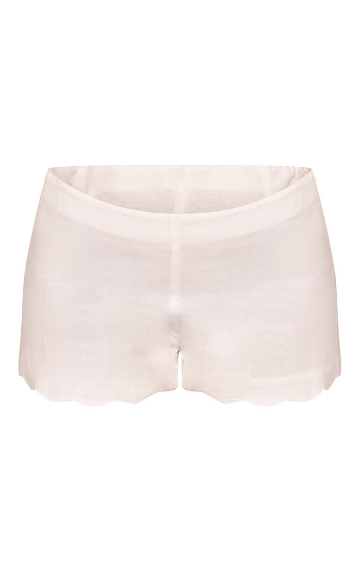 Crème Short Mini Petite Blanc À Bords Festonnés Aspect Lin Ensemble Coordonné