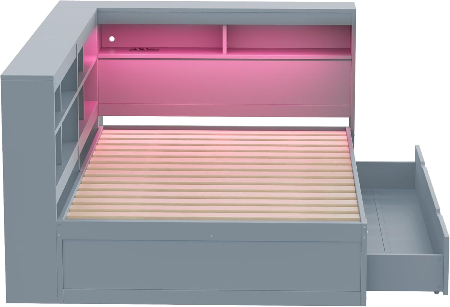 Merax Schlafsofa 140 x 200 cm mit Schubladen, Holz Bett mit USB-Steckdose und LED-Lichtleiste, Grau (Ohne Matratze)