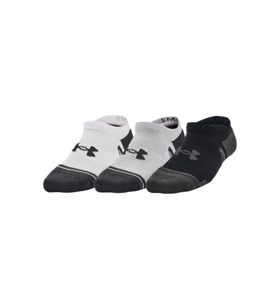 Conjunto de 3 pares de meias Under Armour UA Performance Tech, nas cores cinza, branca e preta.