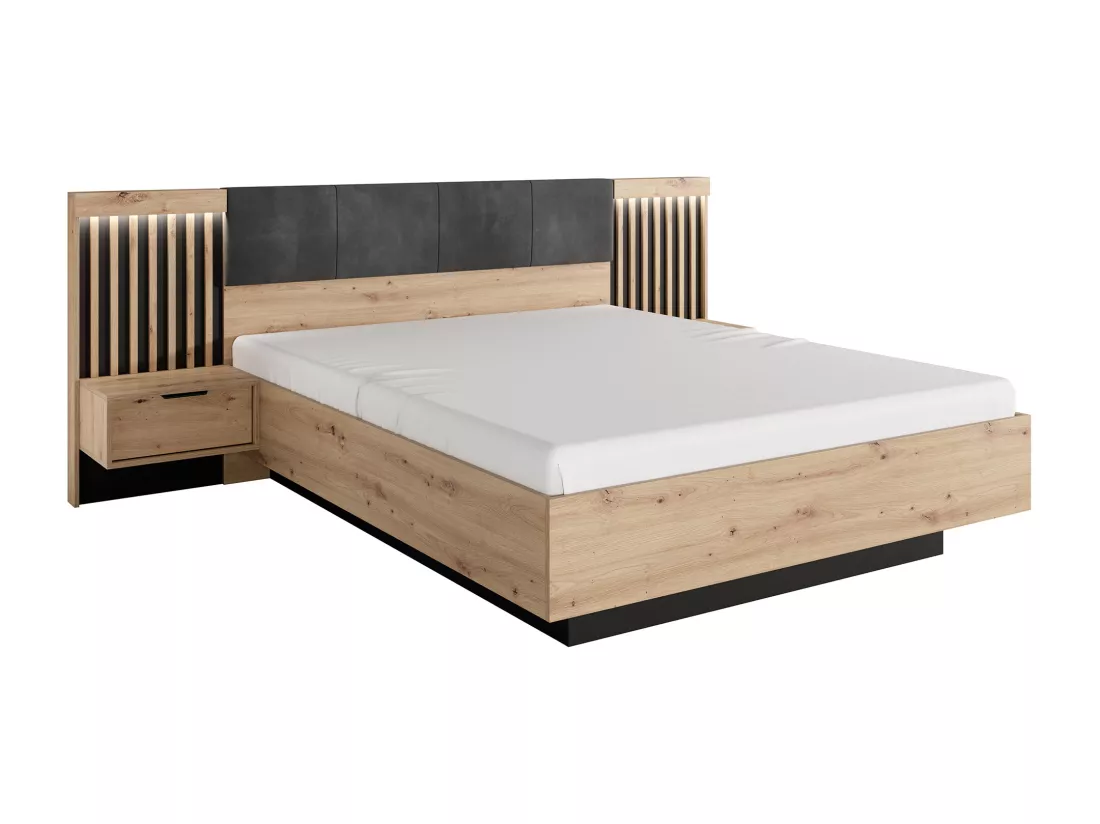 Ensemble lit avec chevets 160 x 200 cm + Sommier + Matelas + Commode + Armoire - Coloris : Naturel et noir - ARIADA