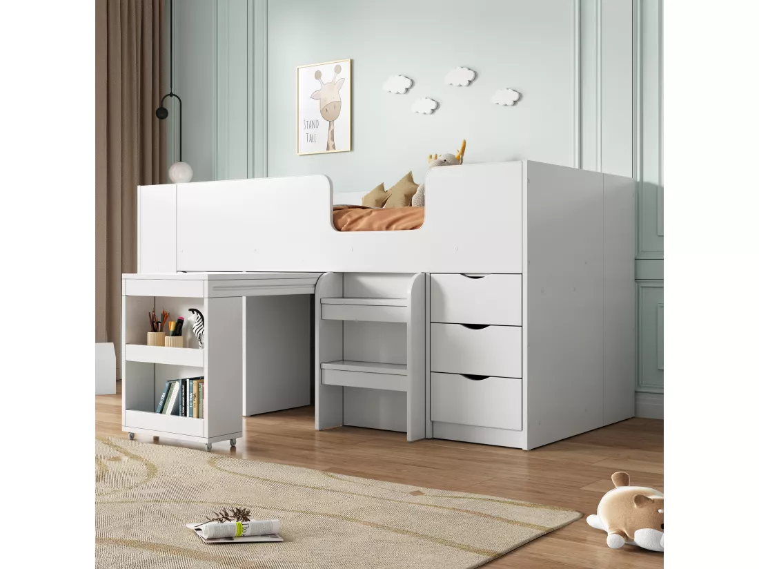 Lit mezzanine 90 x 200 cm avec bureau coulissant, 3 tiroirs et 1 porte - Bois MDF - Blanc (sans matelas)