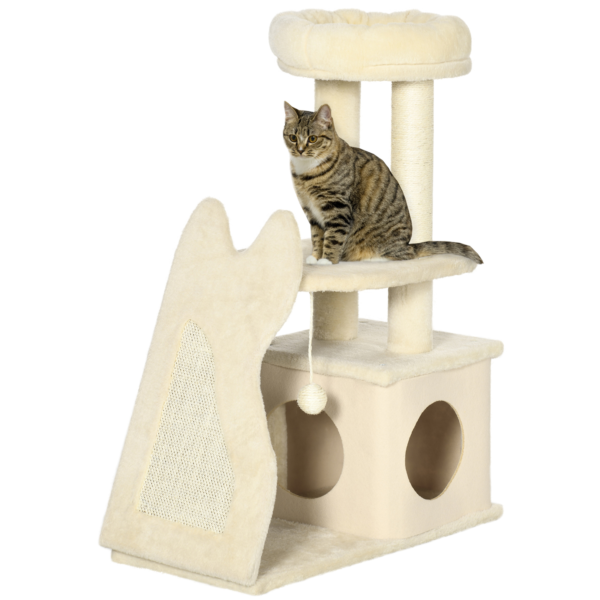 Arranhador PawHut para Gatos de Pequeno Porte, 83 cm de Altura, Torre para Gatos com Cama, Caverna, Plataforma, Bola Suspensa, Postes de Sisal e Rampa, 60x30x83 cm, Bege
