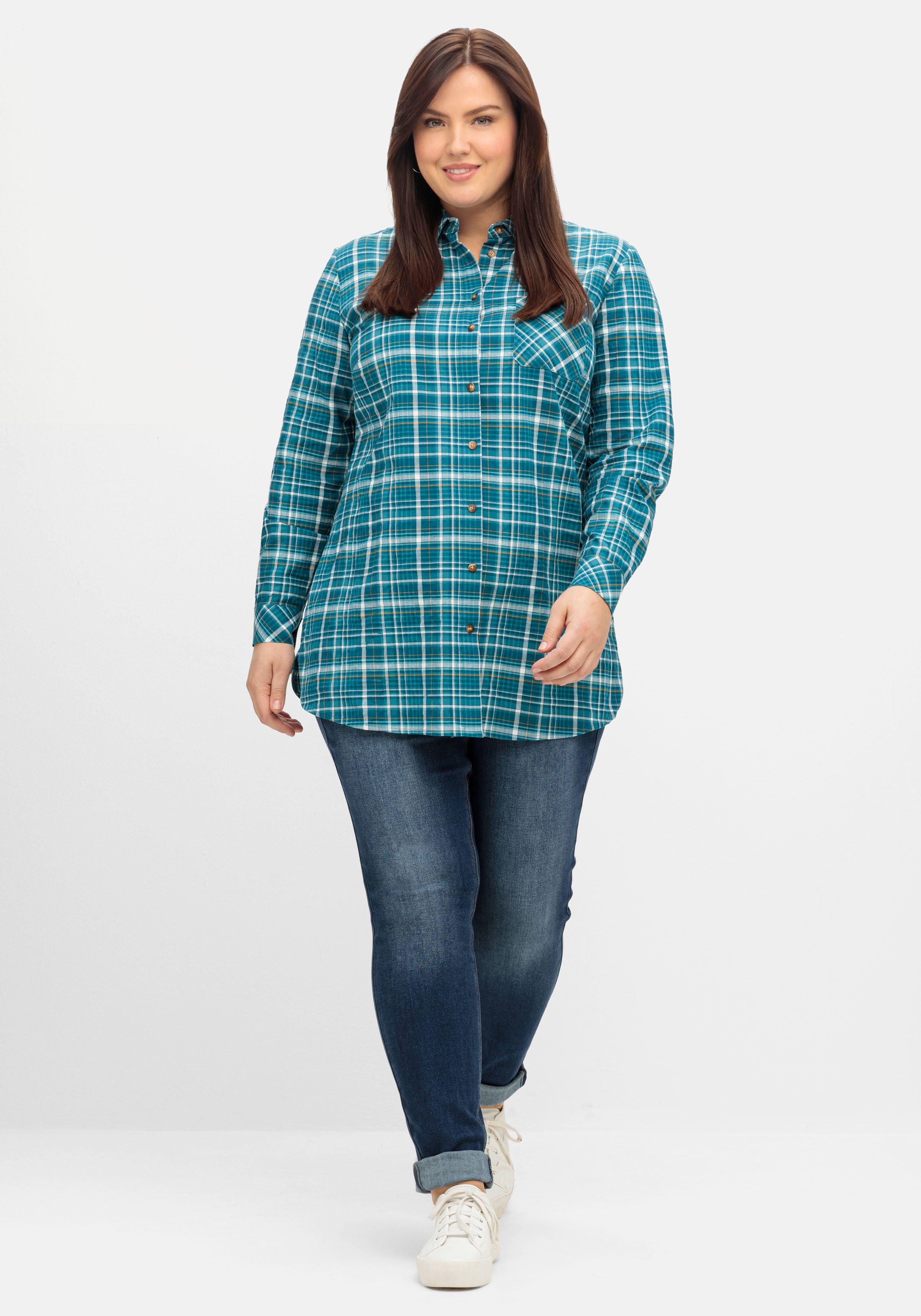 Longbluse in Crinkle-Qualität, mit Fischgrät-Karos