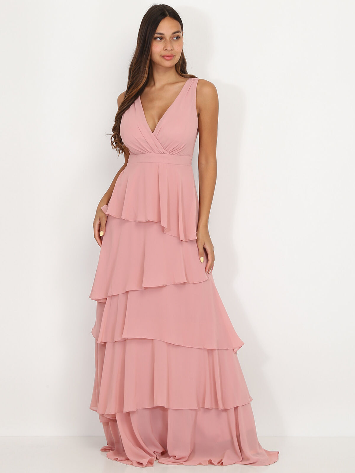 Robe longue à volants- Vieux rose