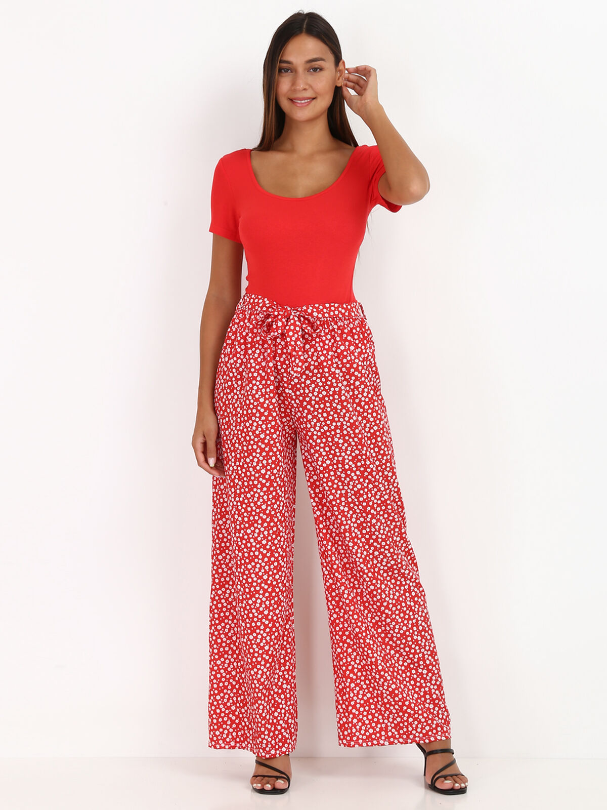 Pantalon fluide à motifs petites fleurs- Rouge