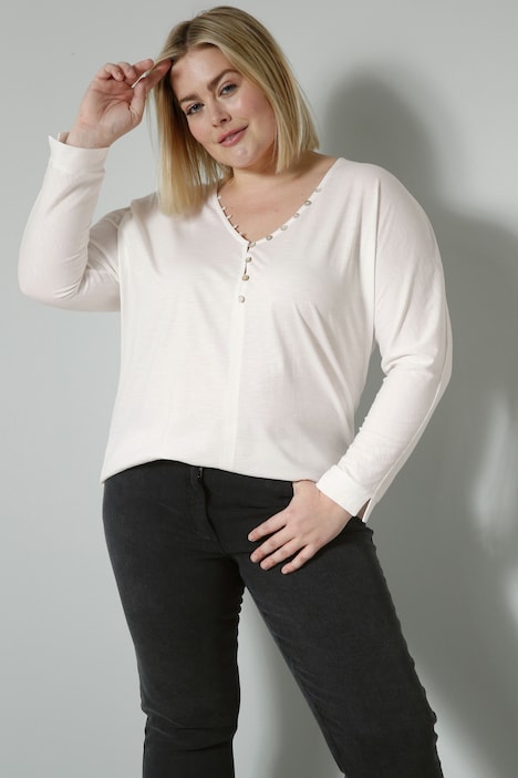T-Shirt, V-Ausschnitt mit Knopfleiste, Langarm