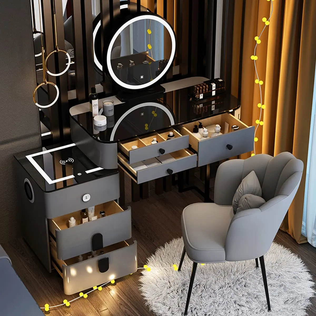 Conjunto de penteadeira com espelho e luzes LED de 3 cores, com banqueta acolchoada, para quarto de família, para ela (120 cm/47,2 pol.)