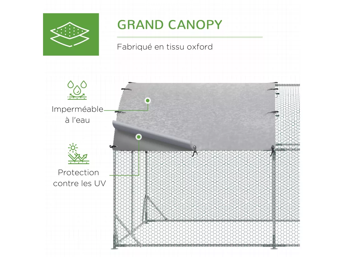 Enclos poulailler chenil 15,96 m² - parc grillagé dim. 5,7L x 2,8l x 1,97H m - espace couvert - acier galvanisé