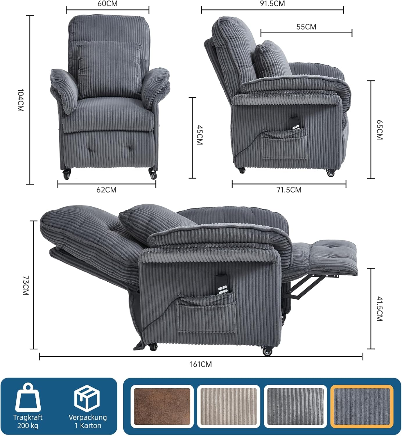 2 Motoren Elektrischer Relaxsessel, Fernsehsessel mit Liegefunktion, TV Sessel Wohnzimmer mit Rollen, Verstellbarer Rückenlehne & Fußstütze, 2 Seitentaschen, Cord Couch, Dunkelgrau