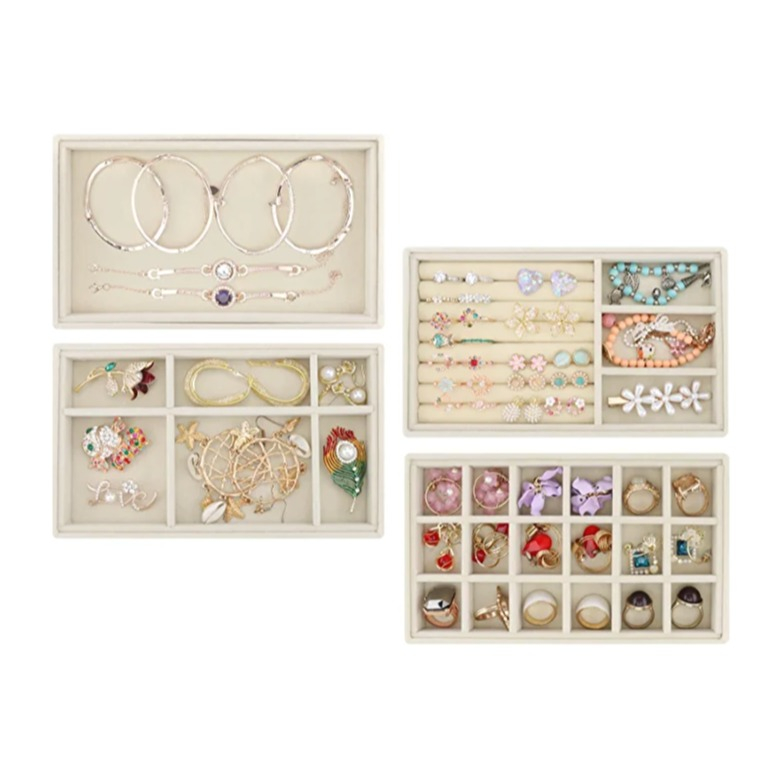 (21x12x2.5cm) Velour Schmuckschatulle Aufbewahrungsbox Organizer für Ringe / Ohrringe / Armbänder - Style 2 / Beige