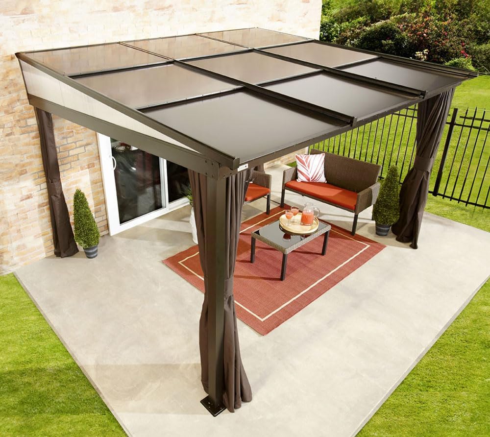 Sojag Budapest 1012 | Aluminium Terrassenüberdachung 3x4 m | Bronze | Verstellbare Dachplatten aus ACP & Doppelstegplatten | Mit Moskitonetz & Vorhängen | Ganzjährig wetterfest
