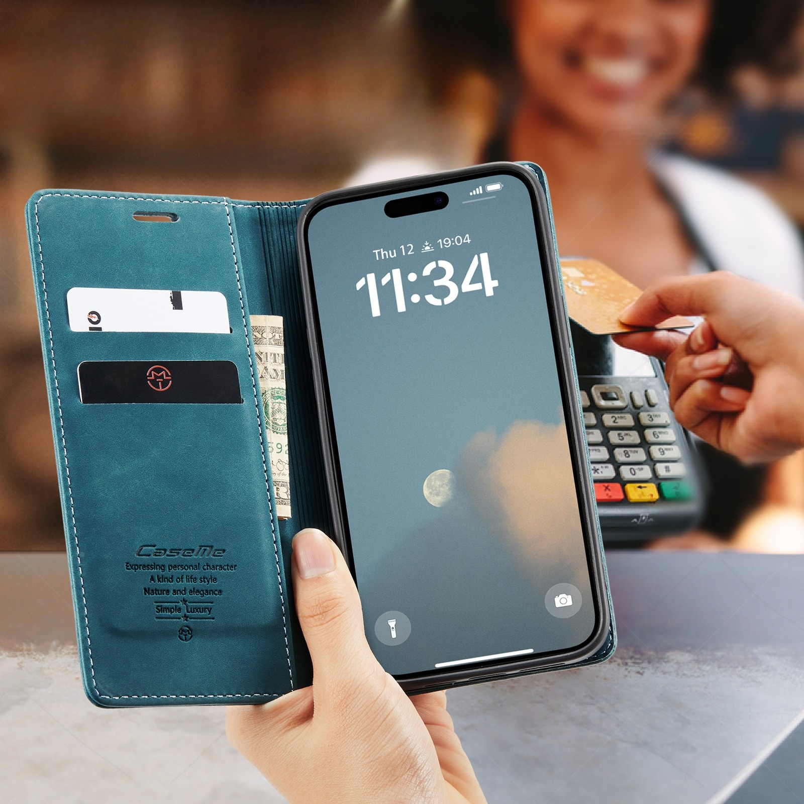 iPhone 17 Leder Tasche Flip Wallet Etui mit Kartenfächern - Blaugrün