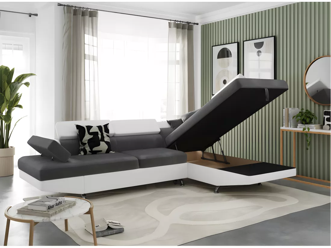 Canapé d'angle droit 5 places Rio Convertible avec coffre en microfibre et simili - Blanc/Gris - L271 x P192 x H70cm - Loungitude