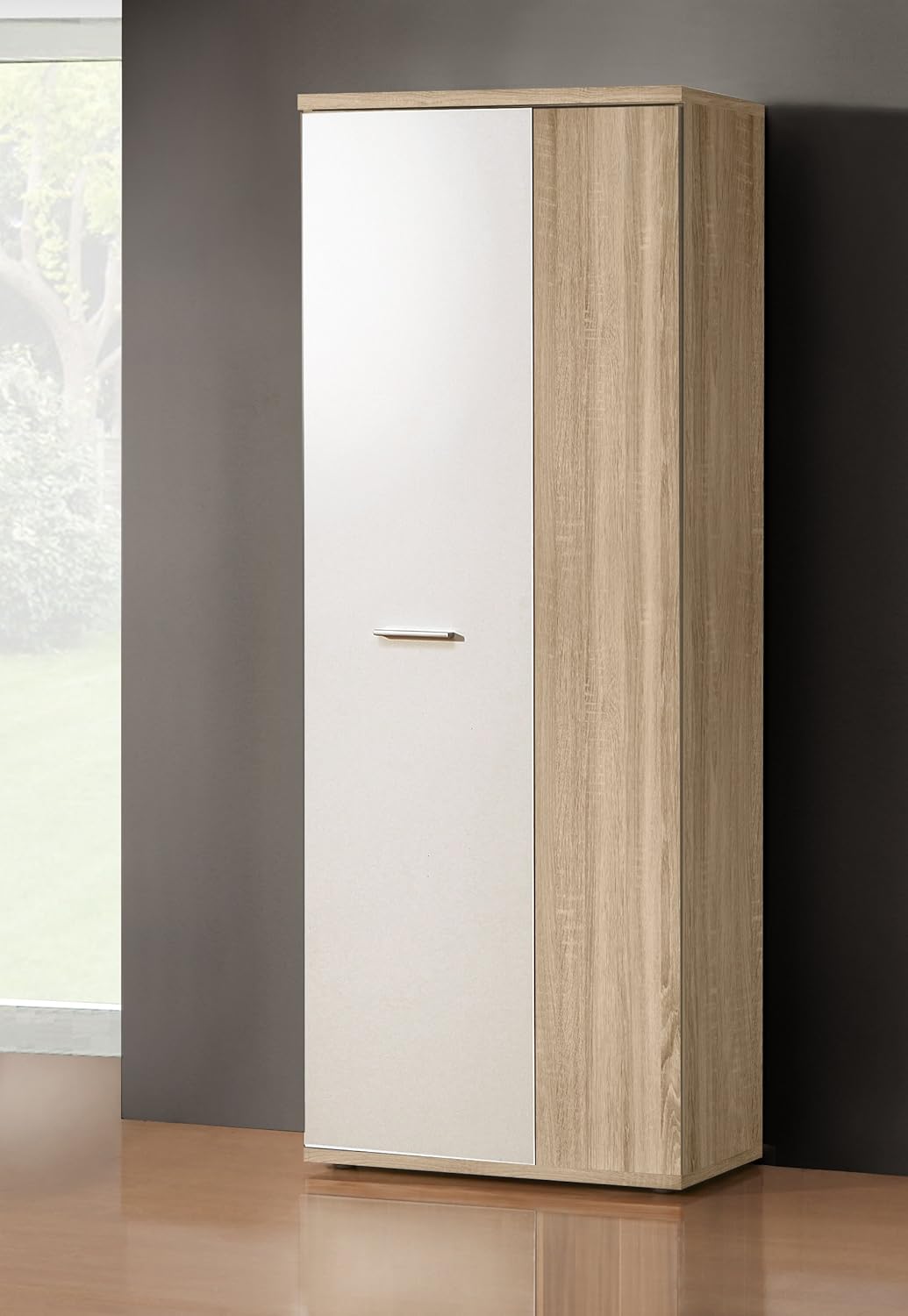FORTE NET106 Schrank 70 180, Mehrzweckschrank klein, Staubsaugerschrank, Abstellraum, 2-türig mit Einlegeböden, Weiß mit Holzdekor: Sonoma Eiche, 69 cm breit x 179 cm hoch x 35 cm tief
