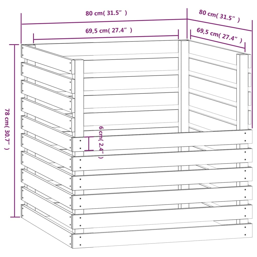 Composteur gris 80x80x78 cm bois massif de pin