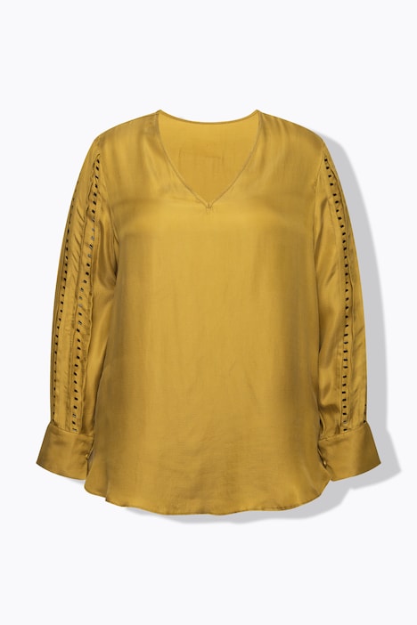 Cuprobluse, Perlen, V-Ausschnitt, Langarm