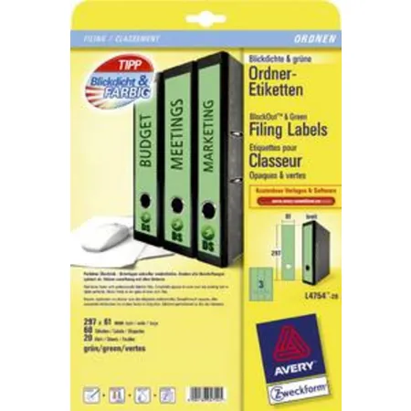 Avery Zweckform L4754-20 Ordnerrücken Etiketten A4, mit ultragrip, 61 x 297 mm, breit/lang, 20 Bogen/60 Etiketten, grün