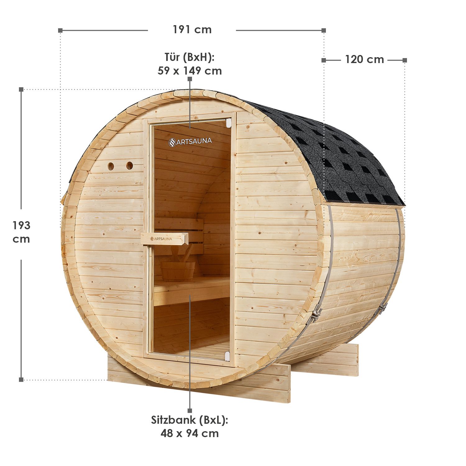 Artsauna Fasssauna Spitzbergen 120 - 2 Personen, 3,6 kW Ofen, Zubehör - Fichtenholz Sauna