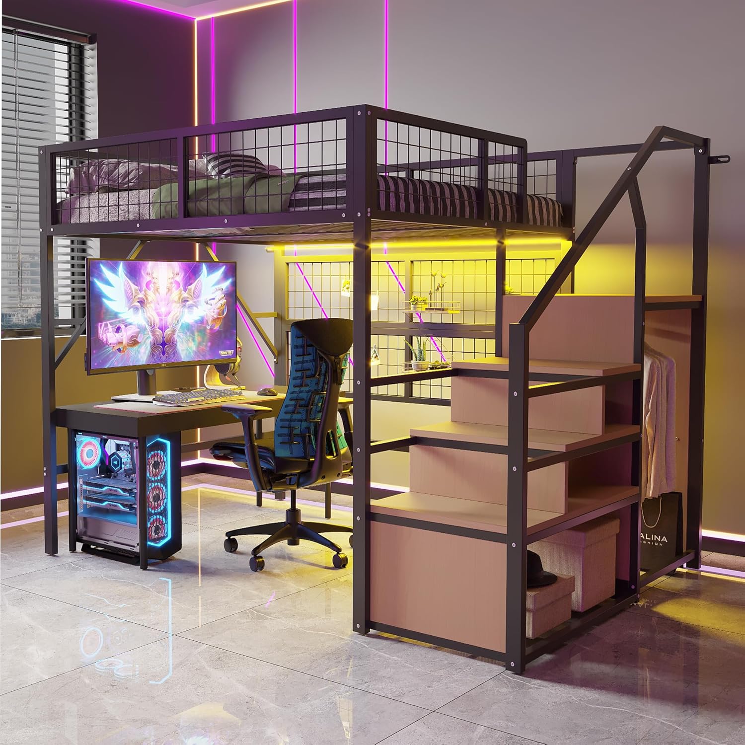Merax Metall-Hochbett 140x200 cm, mit LED-APP-Band, Leiter-Aufbewahrung und offenem Schrank, Stauraum unter dem Bett, für Kinder und Jugendliche, Schwarz (ohne Matratze)