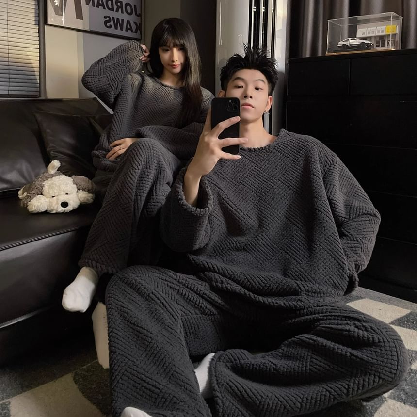 Dazzli - Bijpassende pyjamaset voor koppels: effen gewatteerde sweatshirt met ronde hals + broek