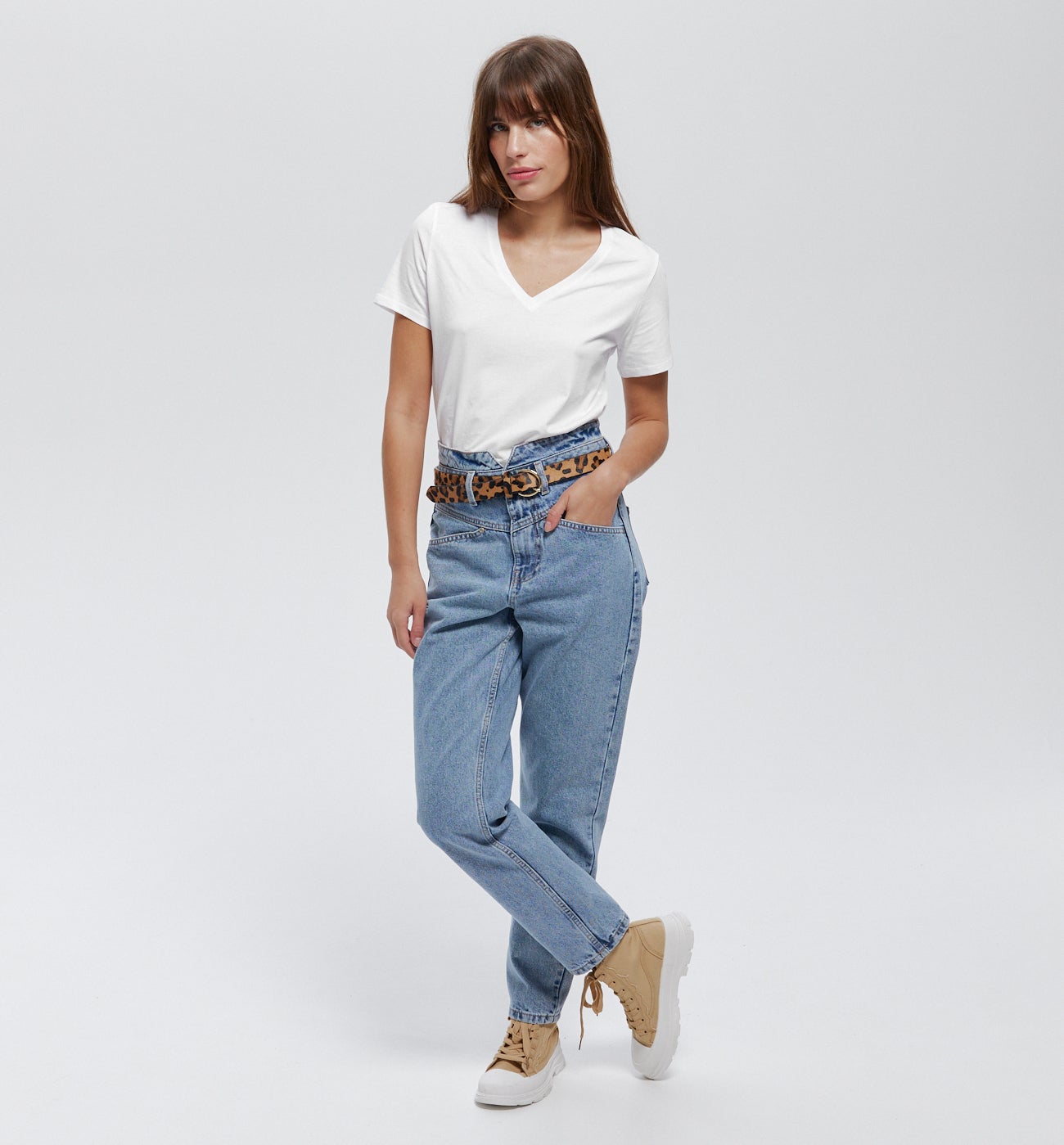 T-shirt uni col V Femme - Blanc