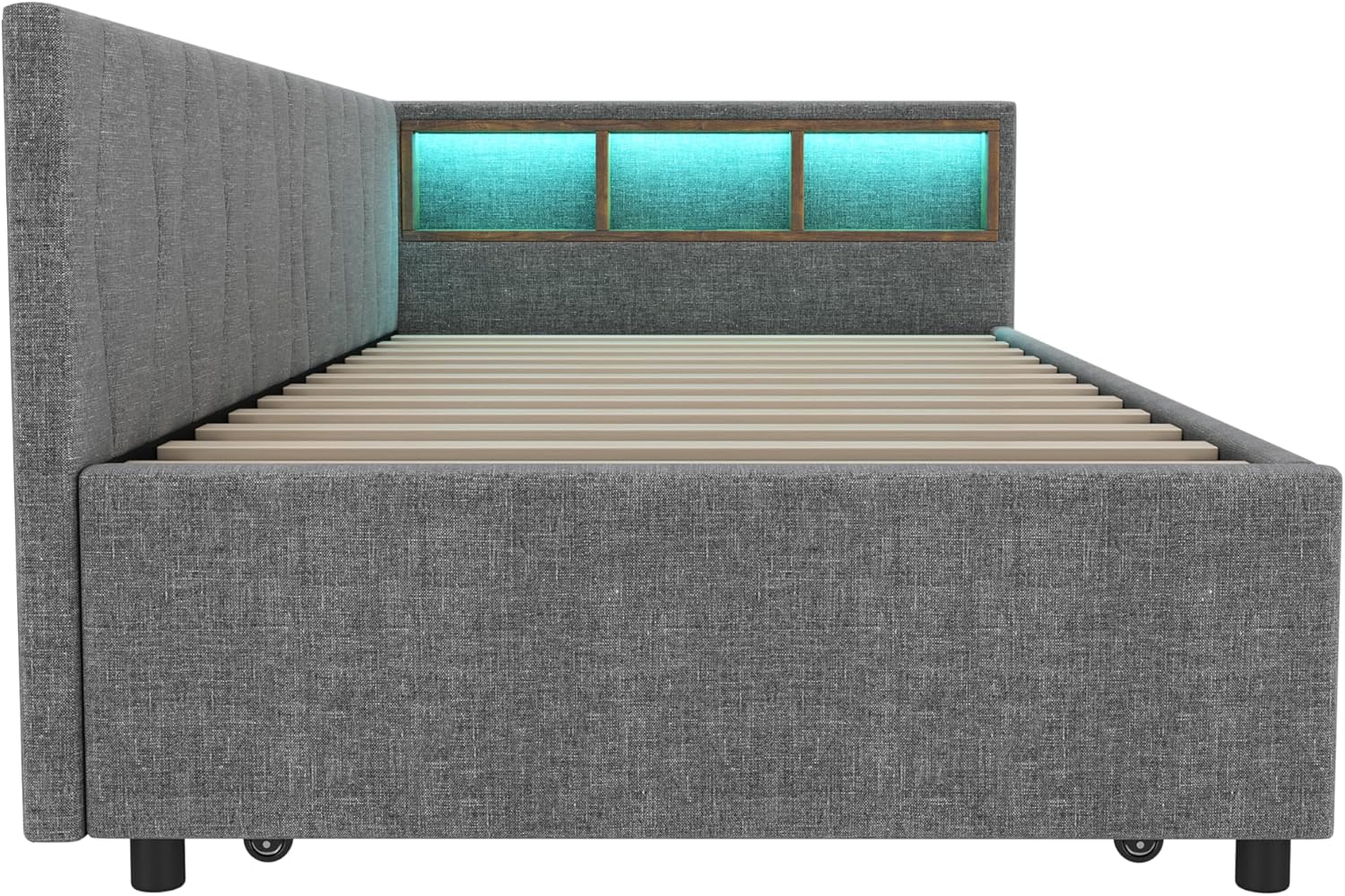 Polsterbett Schlafsofa 90x200, Einzelbett mit Ausziehbett, Daybett mit LED Staufach, Tagesbett mit USB Typ C Ladefunktion, Jugendbett Kinderbett Gästebett, Leinen, ohne Matratze, Grau
