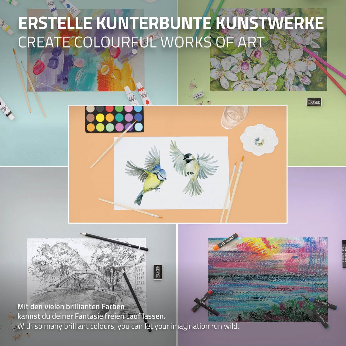 ECD Germany 140-delige XXL schilderset met ezel, kunstenaarsset acryl & tekenset - kleurpotloden, canvas, penselenset, waterverf, pastels, aluminium staande ezel, schilderset met studio-ezel