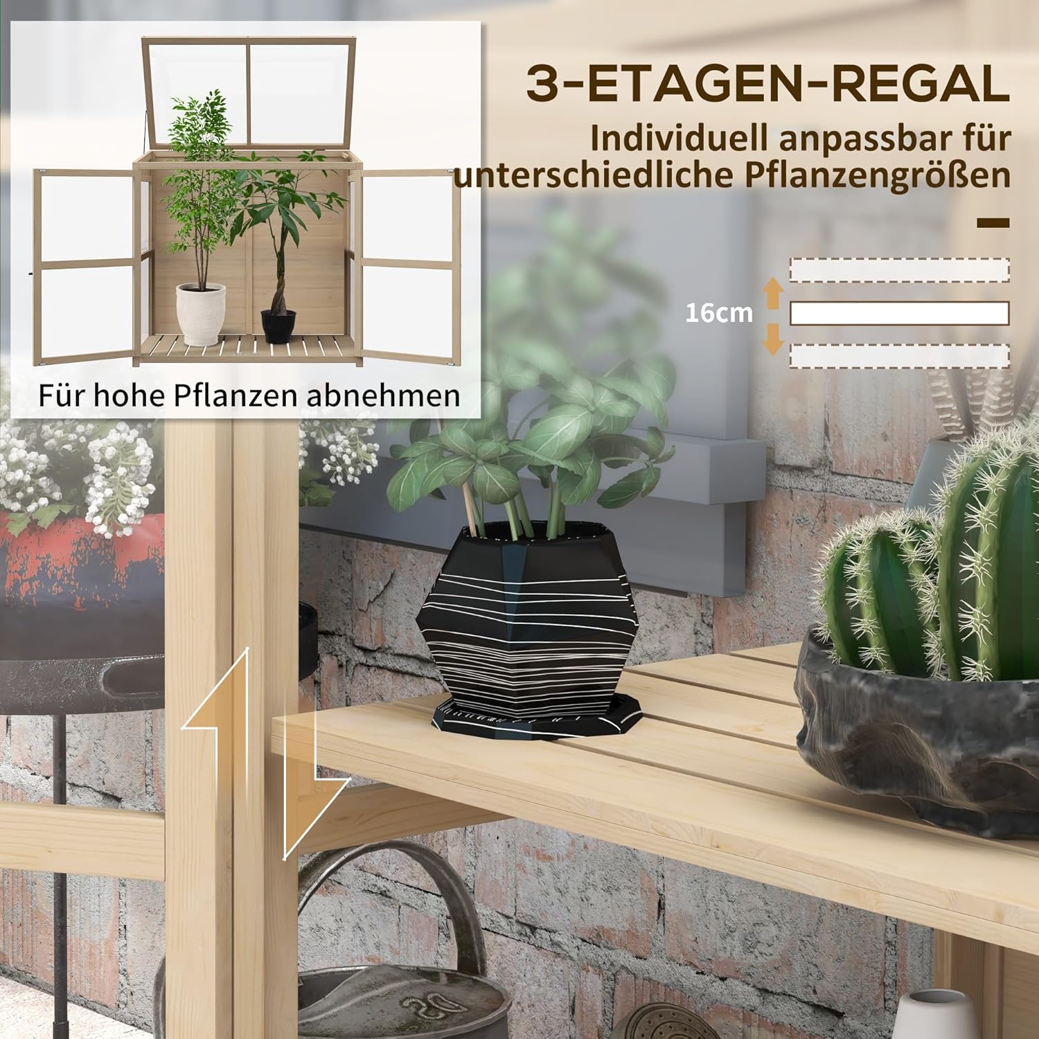 Outsunny Frühbeet aus Holz Gewächshaus 2-Stufiges Hochbeet mit Dachfenster, Doppeltür, Winddichtes Treibhaus, für Balkon, Garten, Natur, 103 x 61 x 103 cm