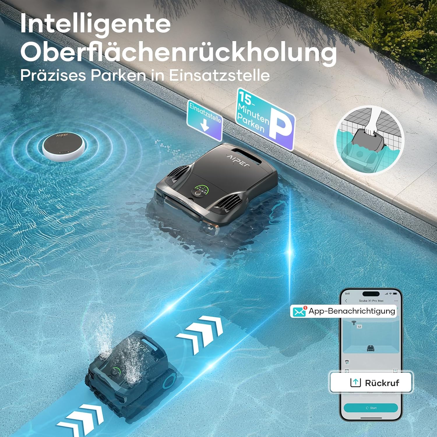 AIPER Scuba X1 Pro Max Poolroboter Boden und Wand, 360° Mapping, Adaptive Routenplanung, Wasserlinie, 32000 LPH Leistung, All-in-One Poolreiniger Akku für alle Eingelassenen Pools bis zu 300 ㎡