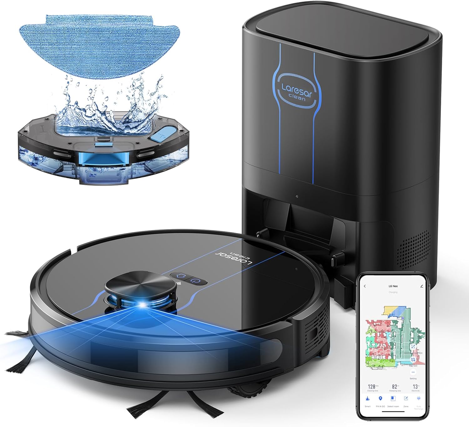 Laresar Clean Saugroboter mit Wischfunktion, Saugroboter mit Absaugstation L6 Nex, LiDAR Navigation, 3L Staubsauger bis zu 180Min, 3-in-1 Kehren, Wischen und Staubsaugen, Ideal für Tierhaare