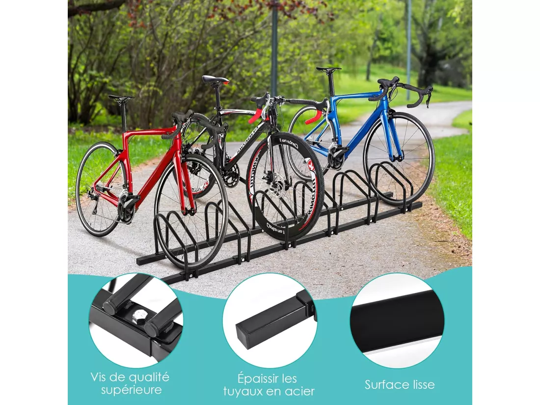 Râtelier 6 Vélo, Support de Rangement Vélo en Acier Revêtu, Fixation au Sol ou au Mur pour Extérieur et Intérieur, 180 x 32,5 x 26 cm, pour VTT, Vélo de Course, Vélo d’Enfant, Noir